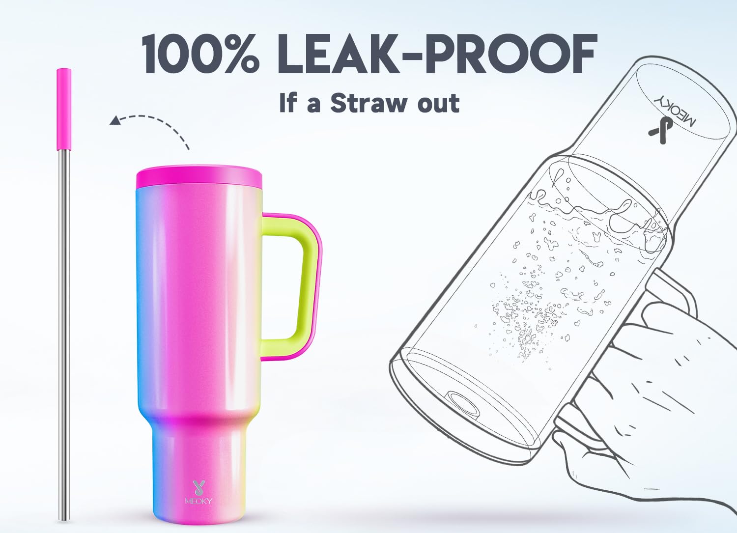 Meoky lid and silicone-tipped straw detail for spill protection