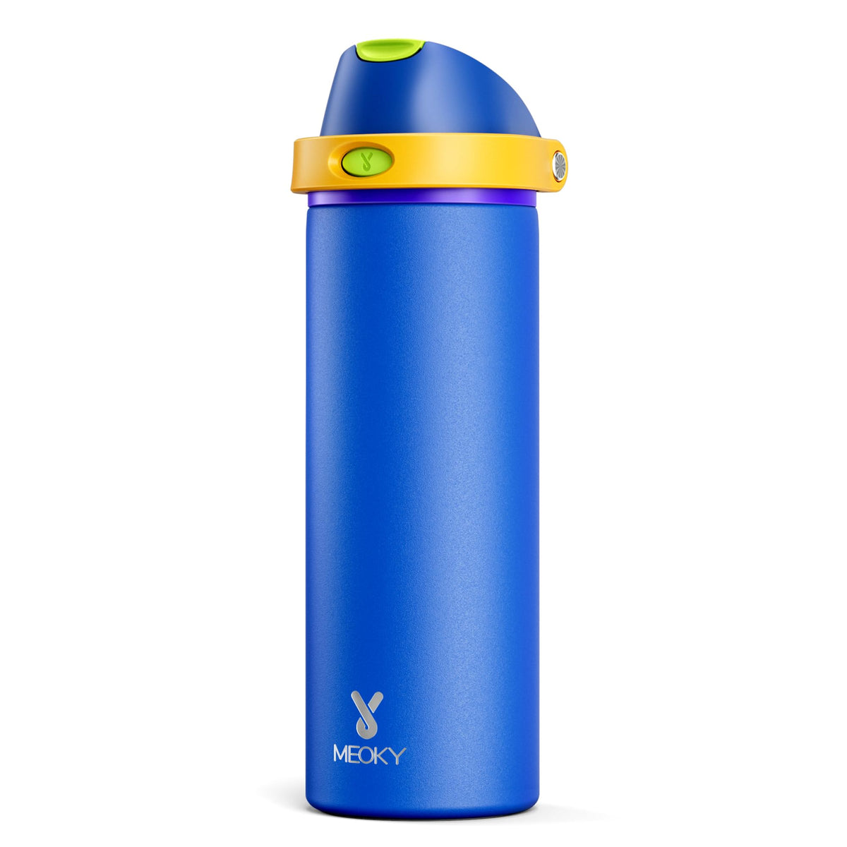 Meoky sapphire bottle front view showing logo and sleek finish for durable hydration