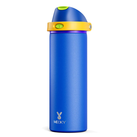 Meoky sapphire bottle front view showing logo and sleek finish for durable hydration