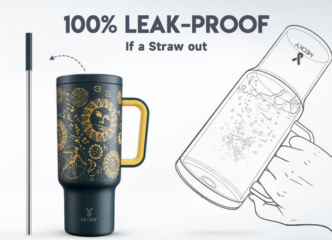 Meoky lid with silicone-tipped straw highlighting leak-resistant seal and taste protection