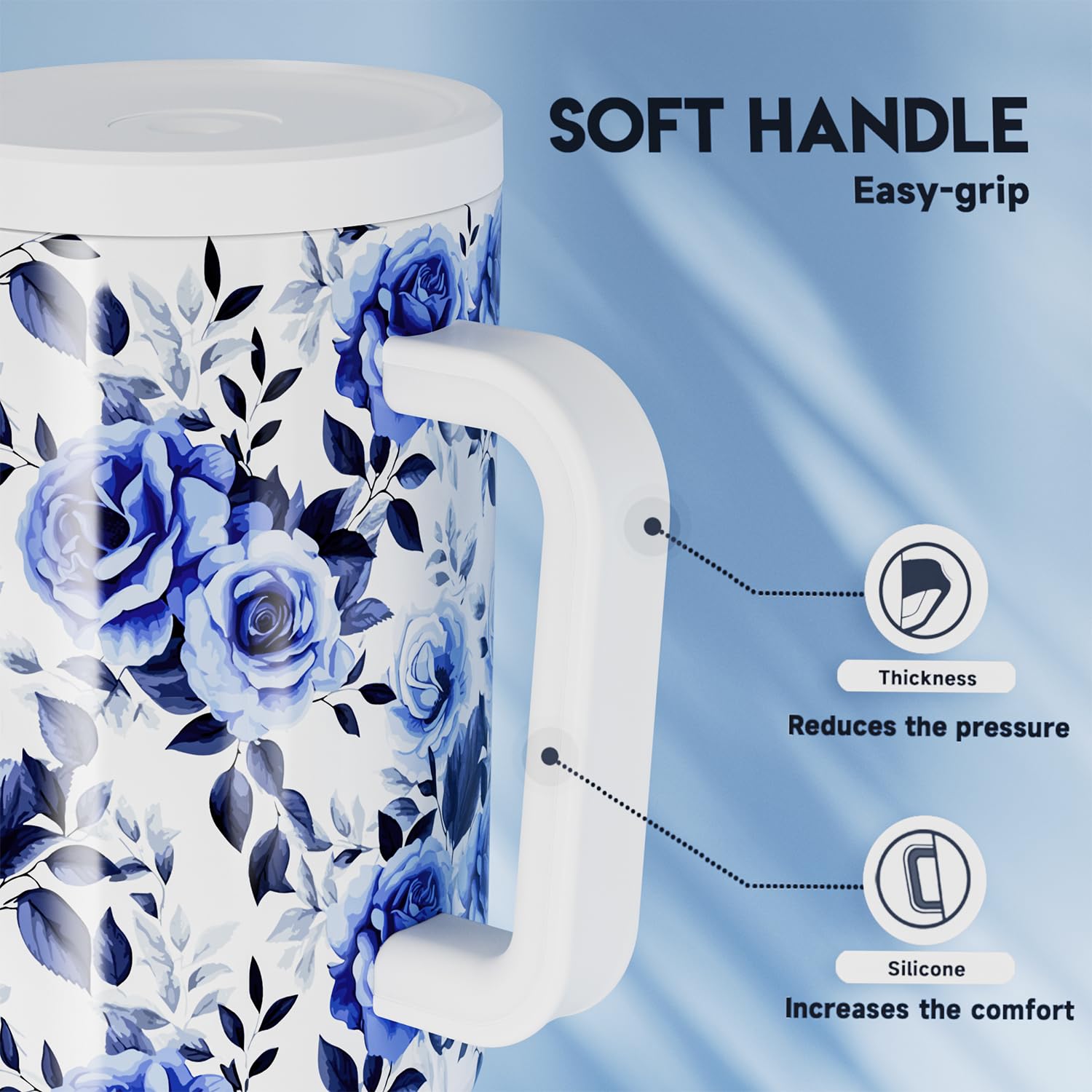 Meoky 40 oz tumbler beside water bottle demonstrating large-capacity advantage