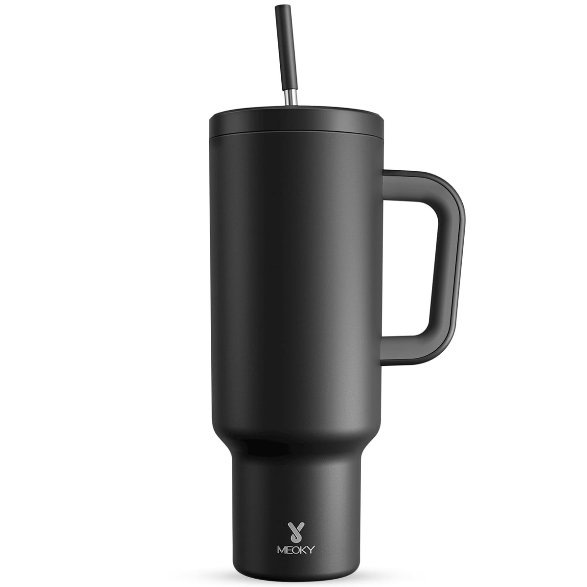 Meoky tumbler front view showing sleek finish and brand for confident hydration