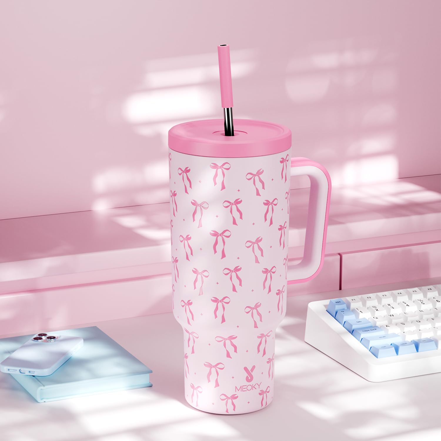 Meoky tumbler on picnic table showing durability and on-the-go hydration benefit