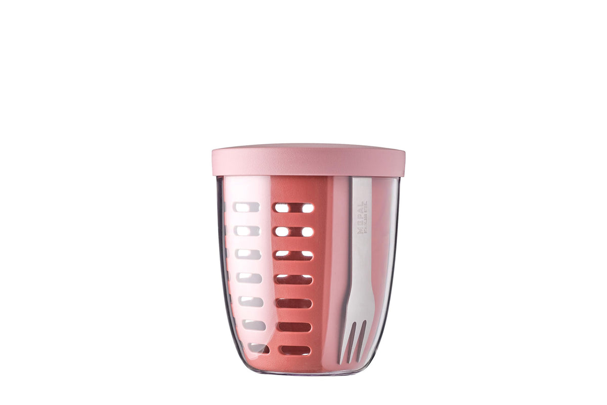 Mepal front view of vivid mauve snack pot showing compact design and portability
