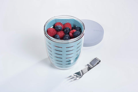 Mepal open pot with colander ready for rinsing fruit and easy draining benefit