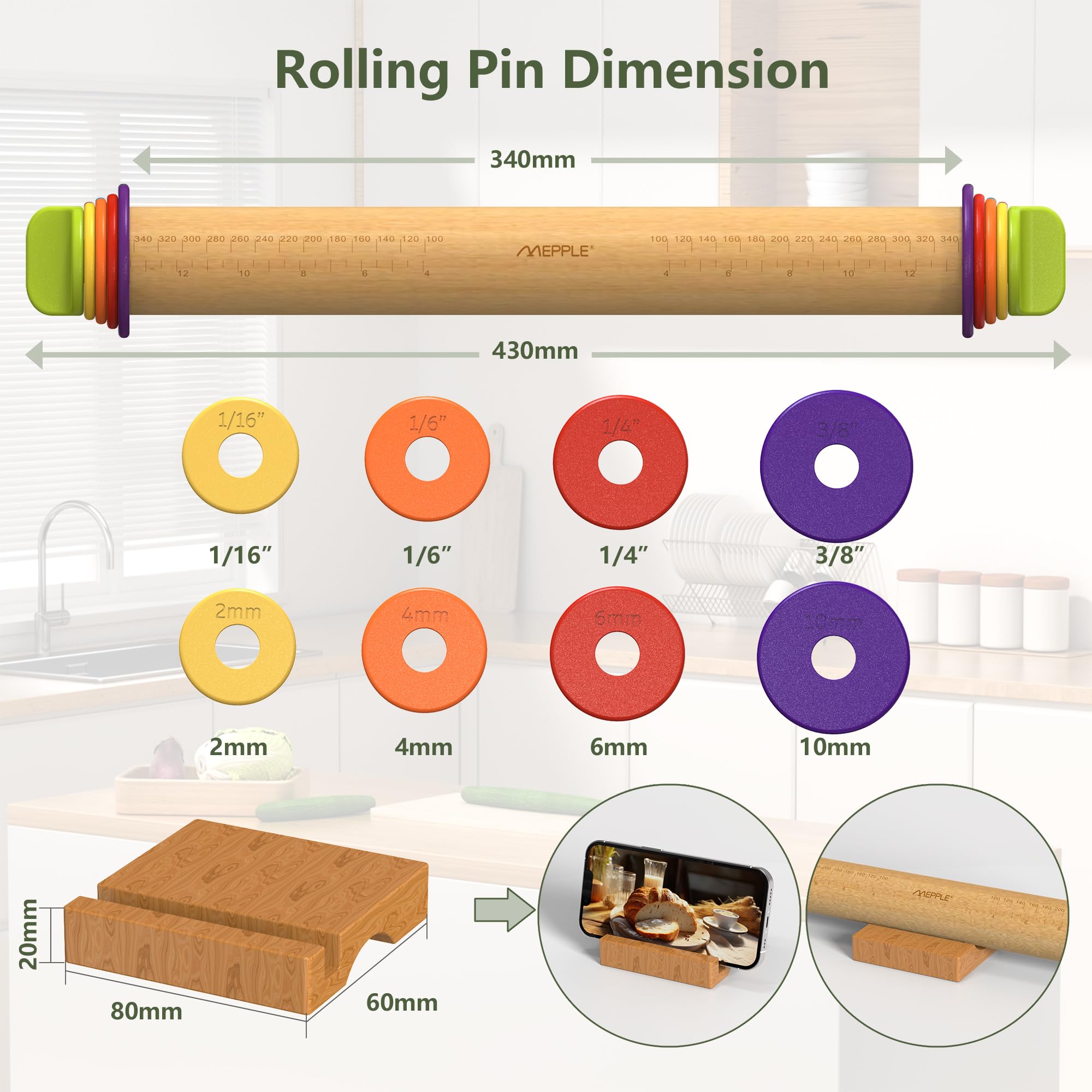 Mepple baking lifestyle kitchen table with pin, mat, and fresh dough for home baking