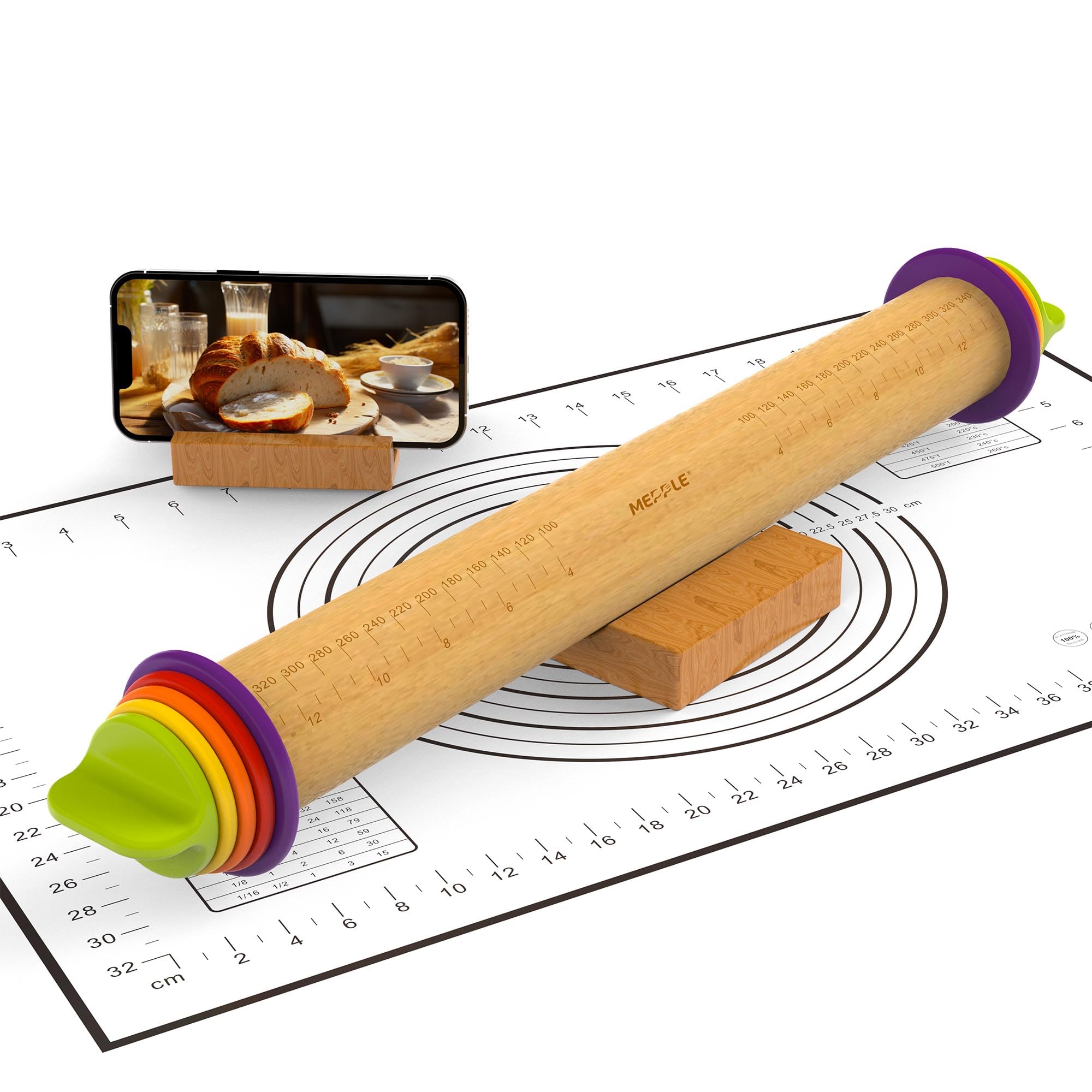 Mepple rolling pin front view showing smooth beech wood and handles for even rolling