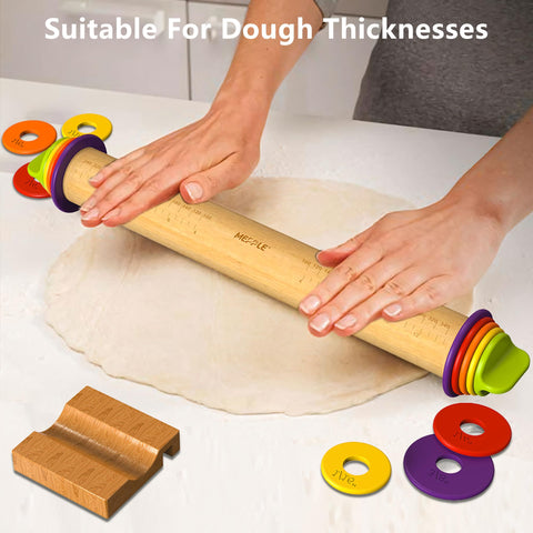 Mepple rolling pin with thickness rings attached to both ends for precise dough heights
