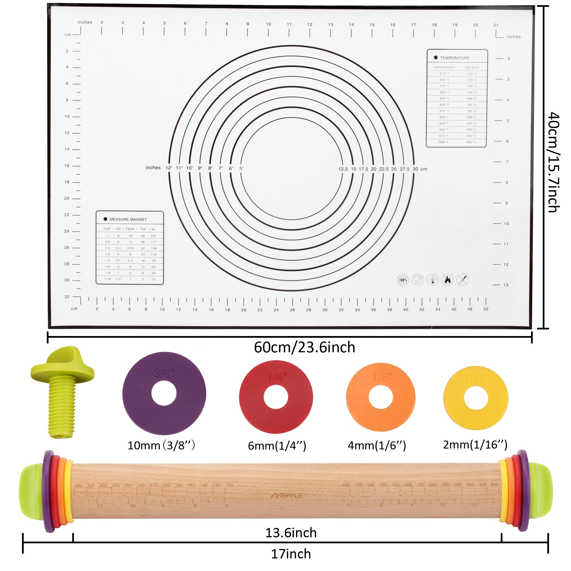 Mepple rolling pin next to a wooden spoon showing product scale and kitchen compatibility