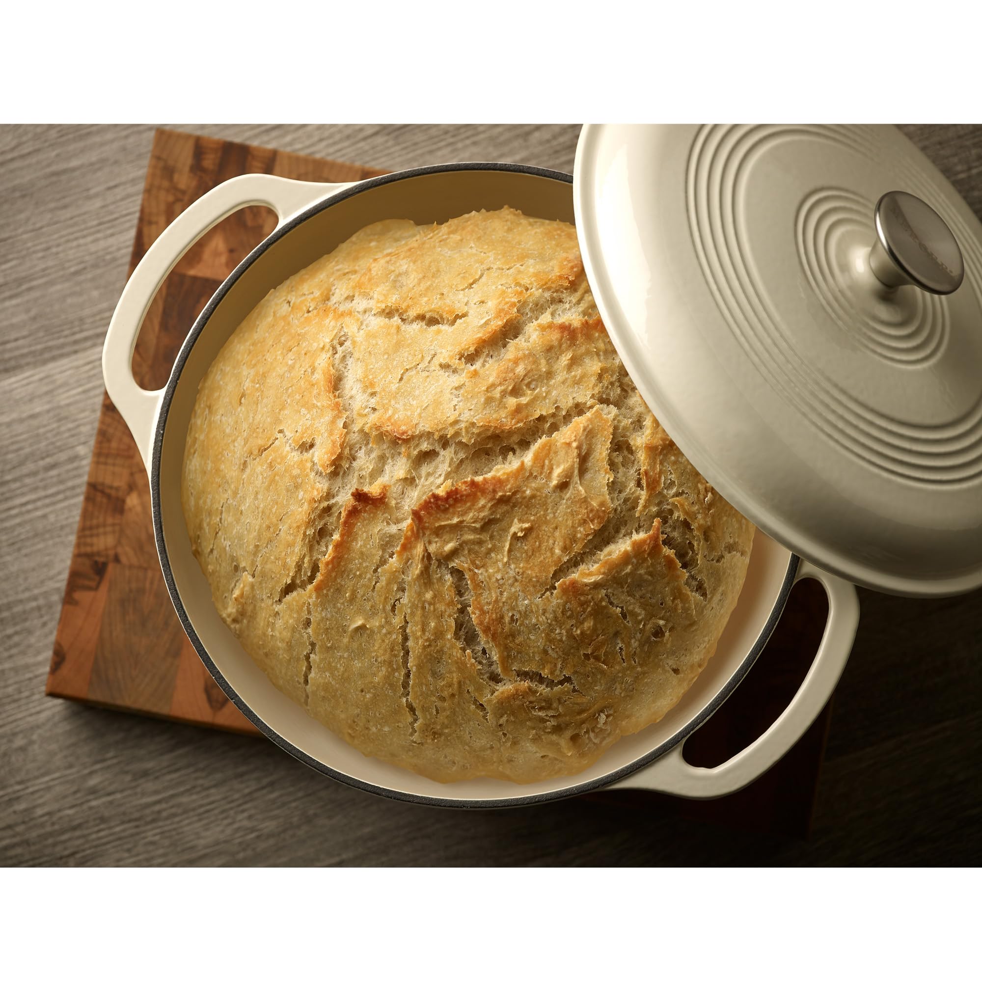 Mercer Culinary Dutch oven with baked loaf inside showing even oven baking and crust development