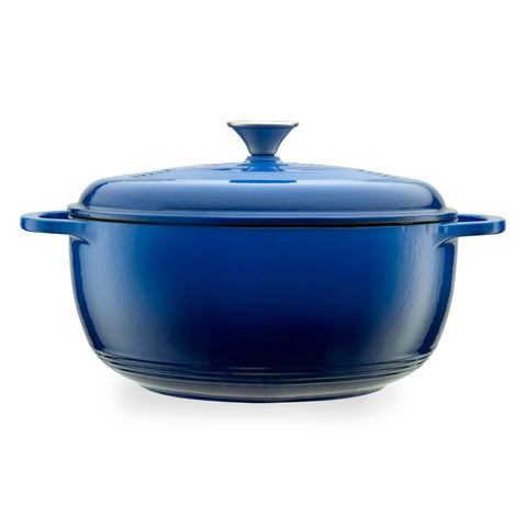 Mercer Culinary front view of navy Dutch oven showing shape and finish, for reliable heat