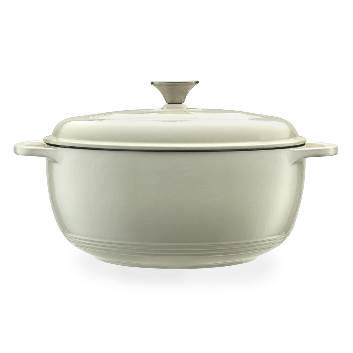 Mercer Culinary front view of white Dutch oven showing durable enamel finish and capacity benefit