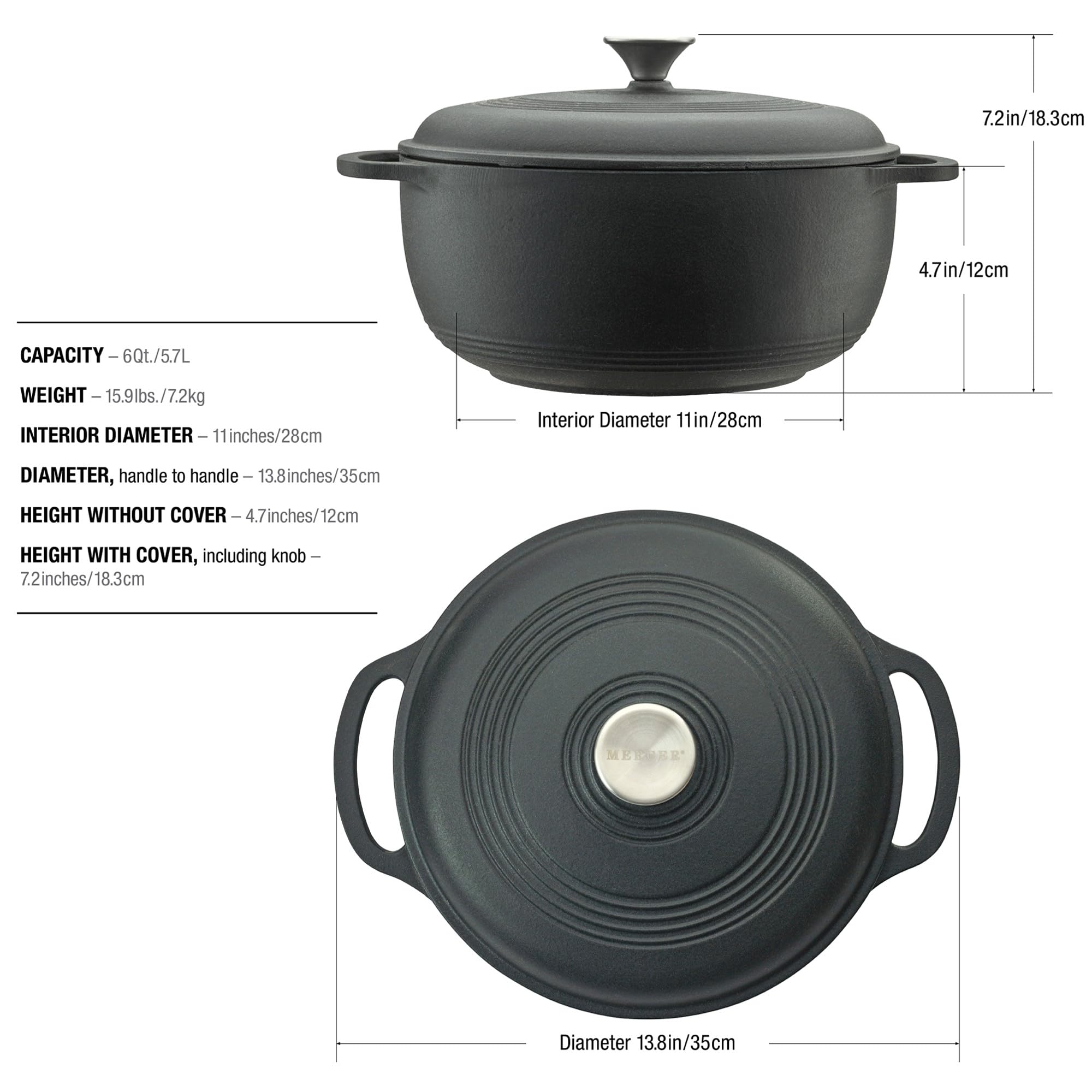Mercer Culinary Dutch oven with roast inside demonstrating roomy 6 qt capacity benefit