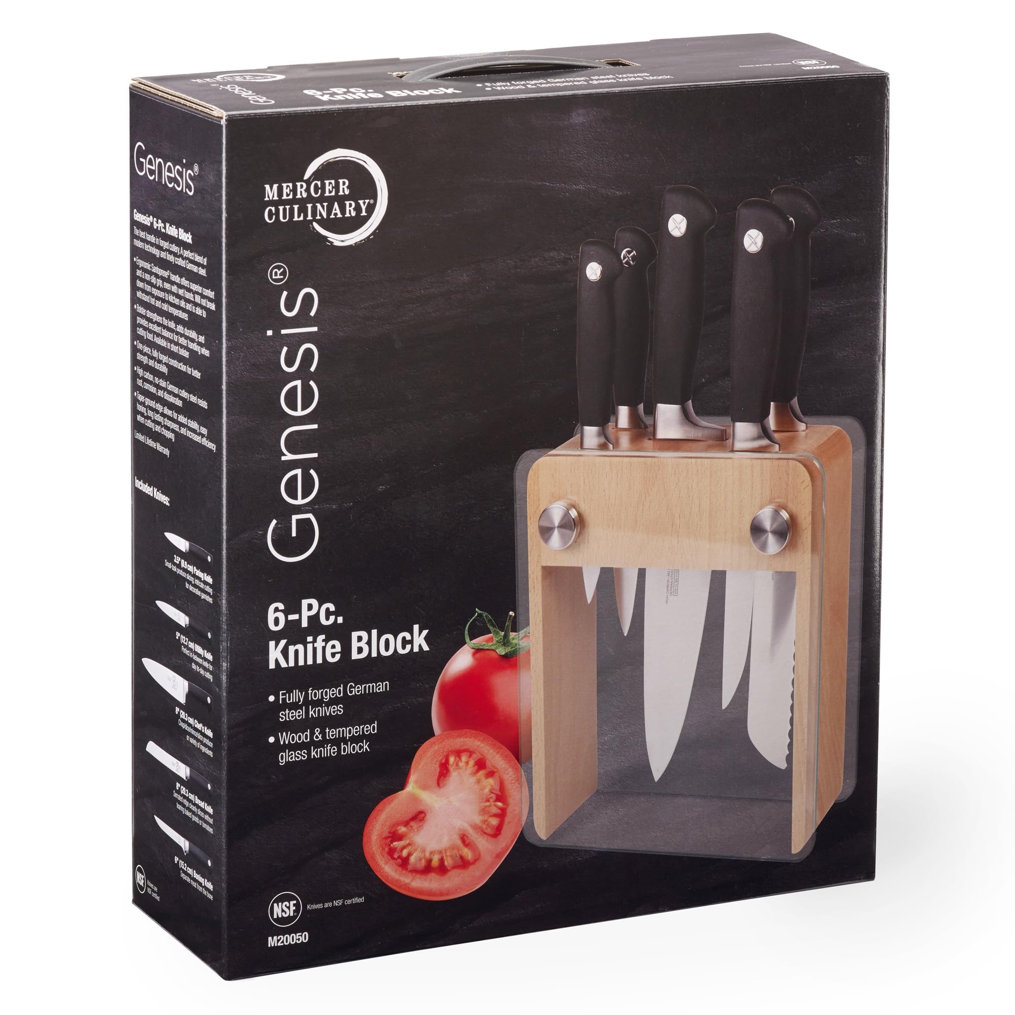 Mercer Culinary beech wood and tempered glass block front profile showcasing organized storage benefit