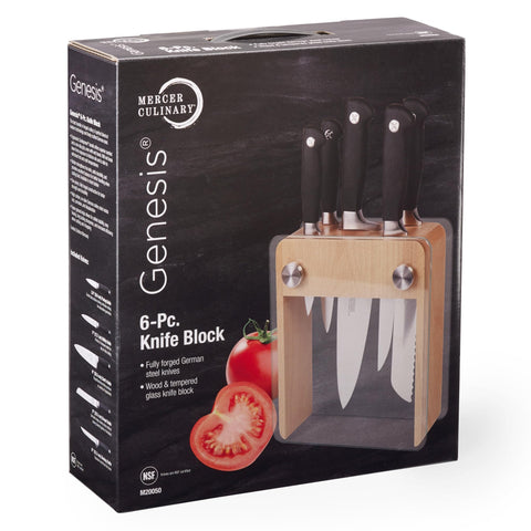Mercer Culinary beech wood and tempered glass block front profile showcasing organized storage benefit