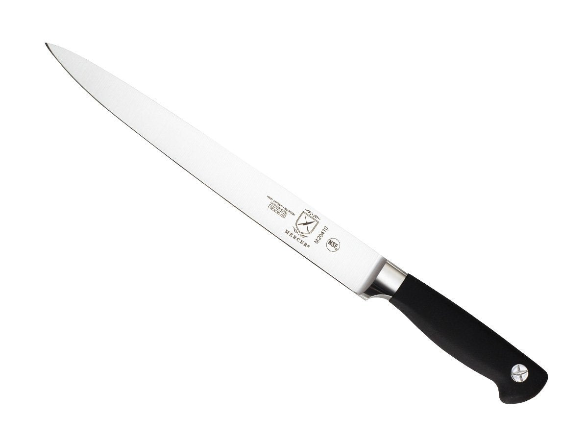 Mercer Culinary carving knife front view shows sleek blade and balanced design for precise slicing