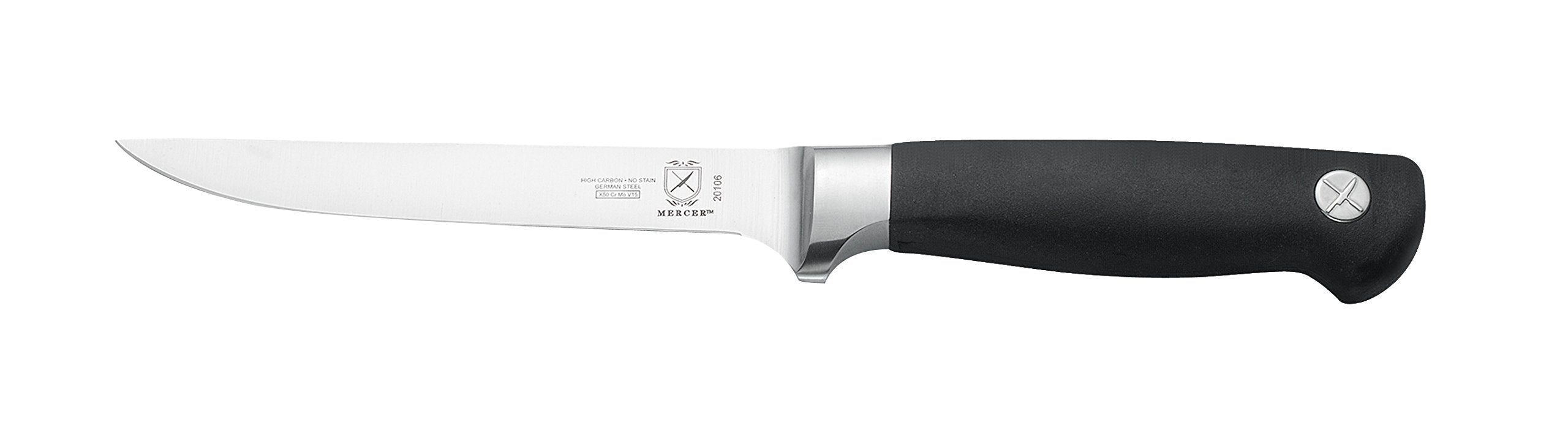 Mercer Culinary full tang and thick bolster view showing balanced weight and secure construction