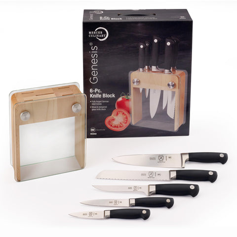 Mercer Culinary six knives arranged outside block demonstrating range of blades for everyday prep