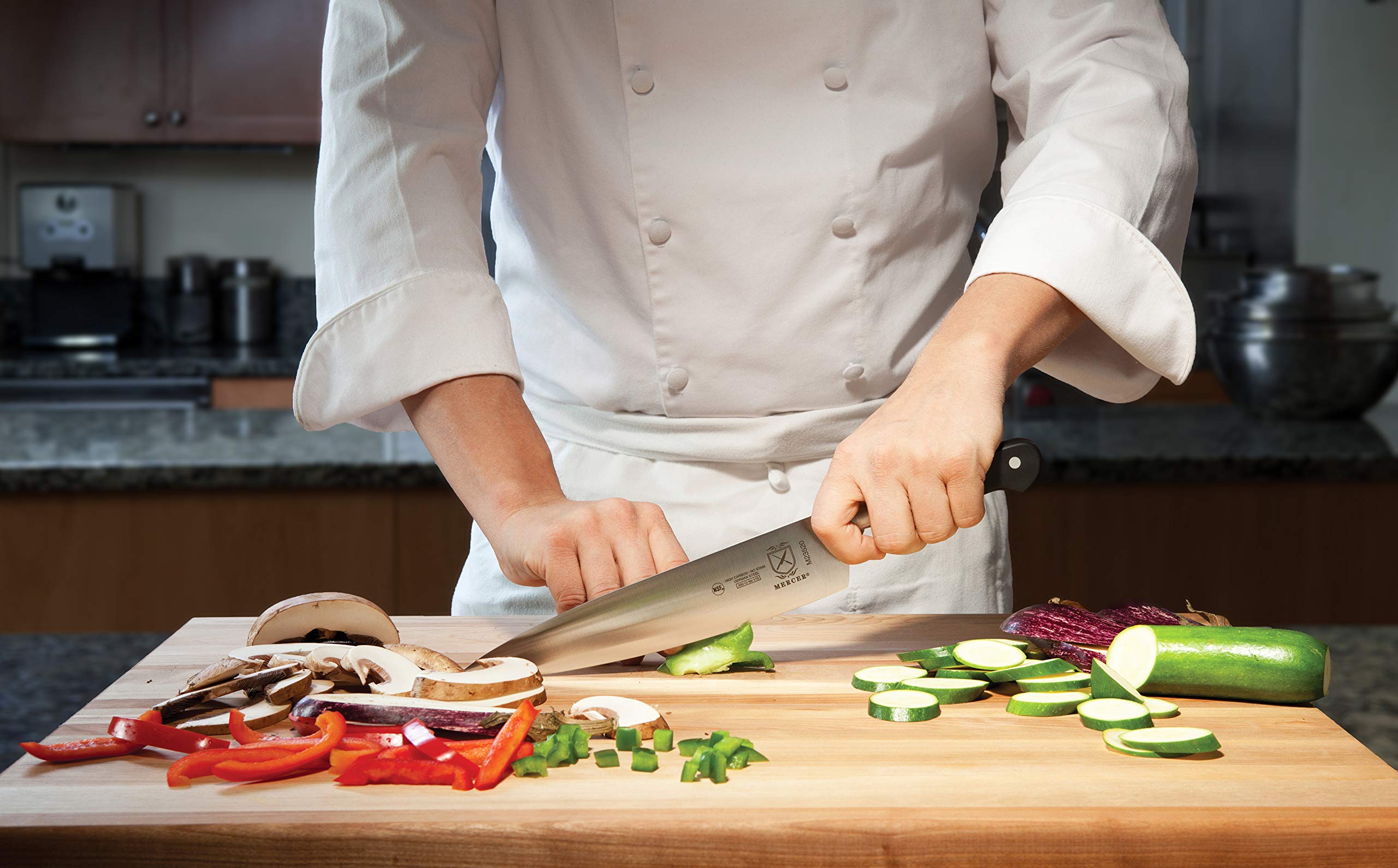 Mercer Culinary knife staged on kitchen counter conveying professional look and everyday readiness