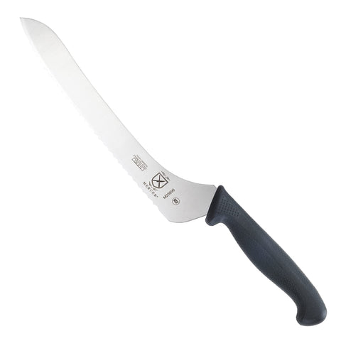 Mercer Millennia front view of 9-inch offset bread knife showing full blade and handle for professional slicing