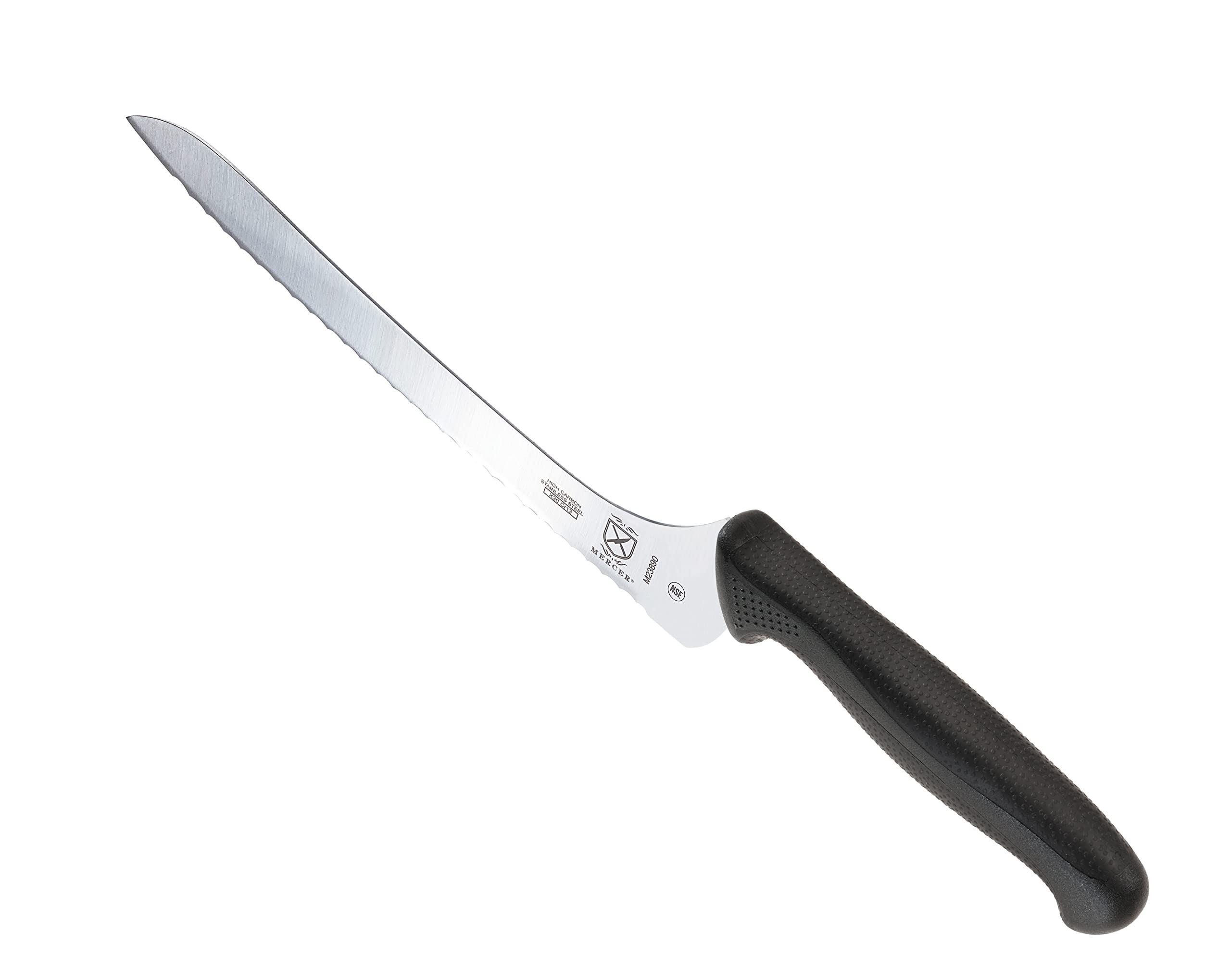 Mercer Millennia blade detail highlighting wavy serrations that slice crusts cleanly and protect soft interiors