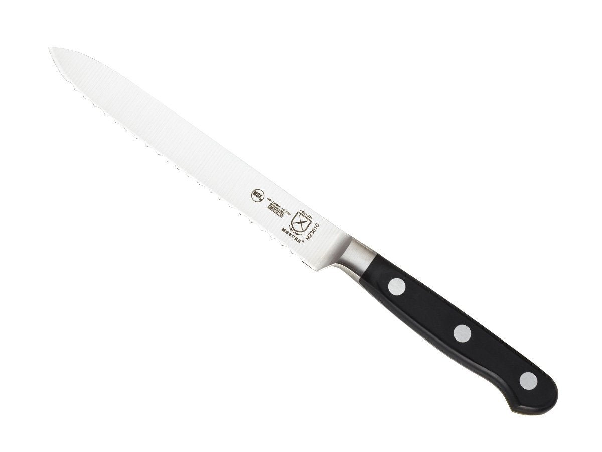 Mercer Culinary Renaissance tomato knife front view showing sharp forged blade for precision
