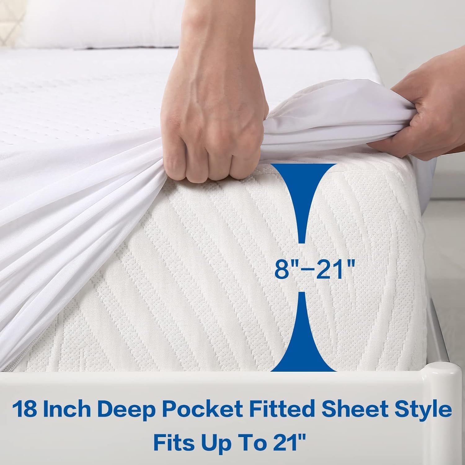 MERITLIFE elastic fitted skirt stretched over mattress demonstrating secure 18 inch fit