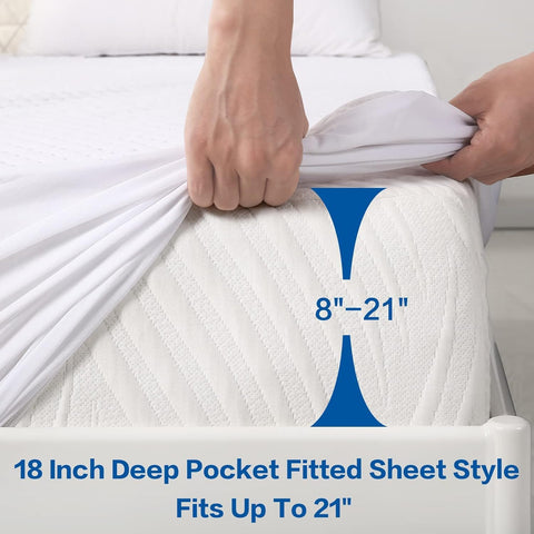 MERITLIFE elastic fitted skirt stretched over mattress demonstrating secure 18 inch fit