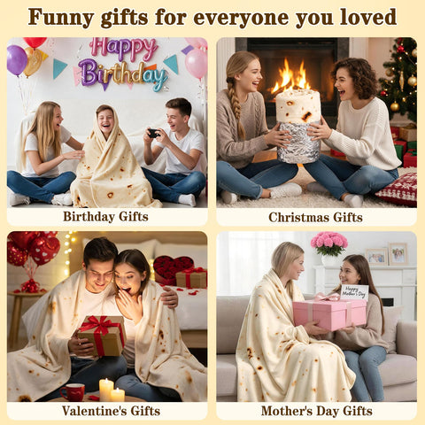mermaker adult wrapped in burrito blanket showing wearable comfort and humor