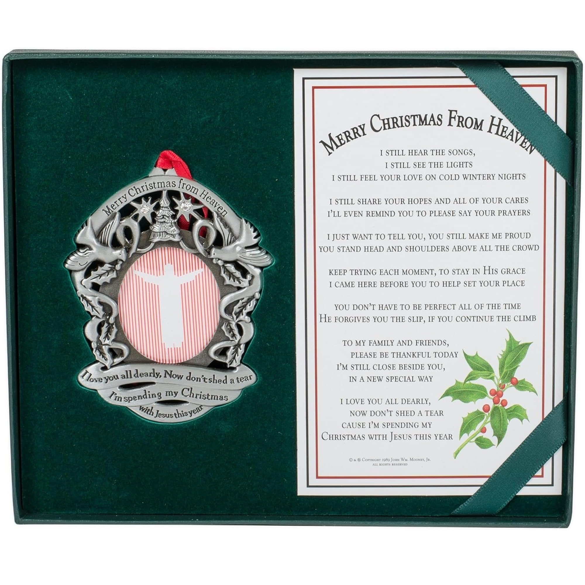 Merry Christmas From Heaven ornament nestled in forest-green keepsake gift box