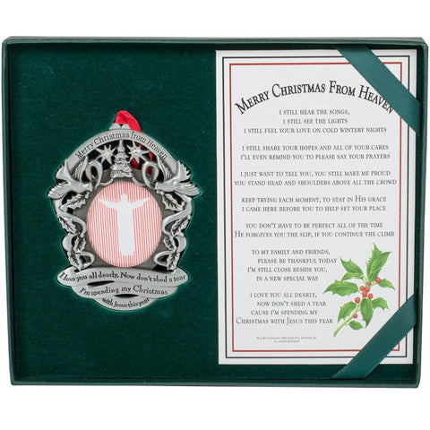 Merry Christmas From Heaven ornament nestled in forest-green keepsake gift box