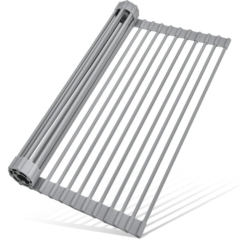 MERRYBOX front view of roll up over-the-sink rack showing space-saving benefit