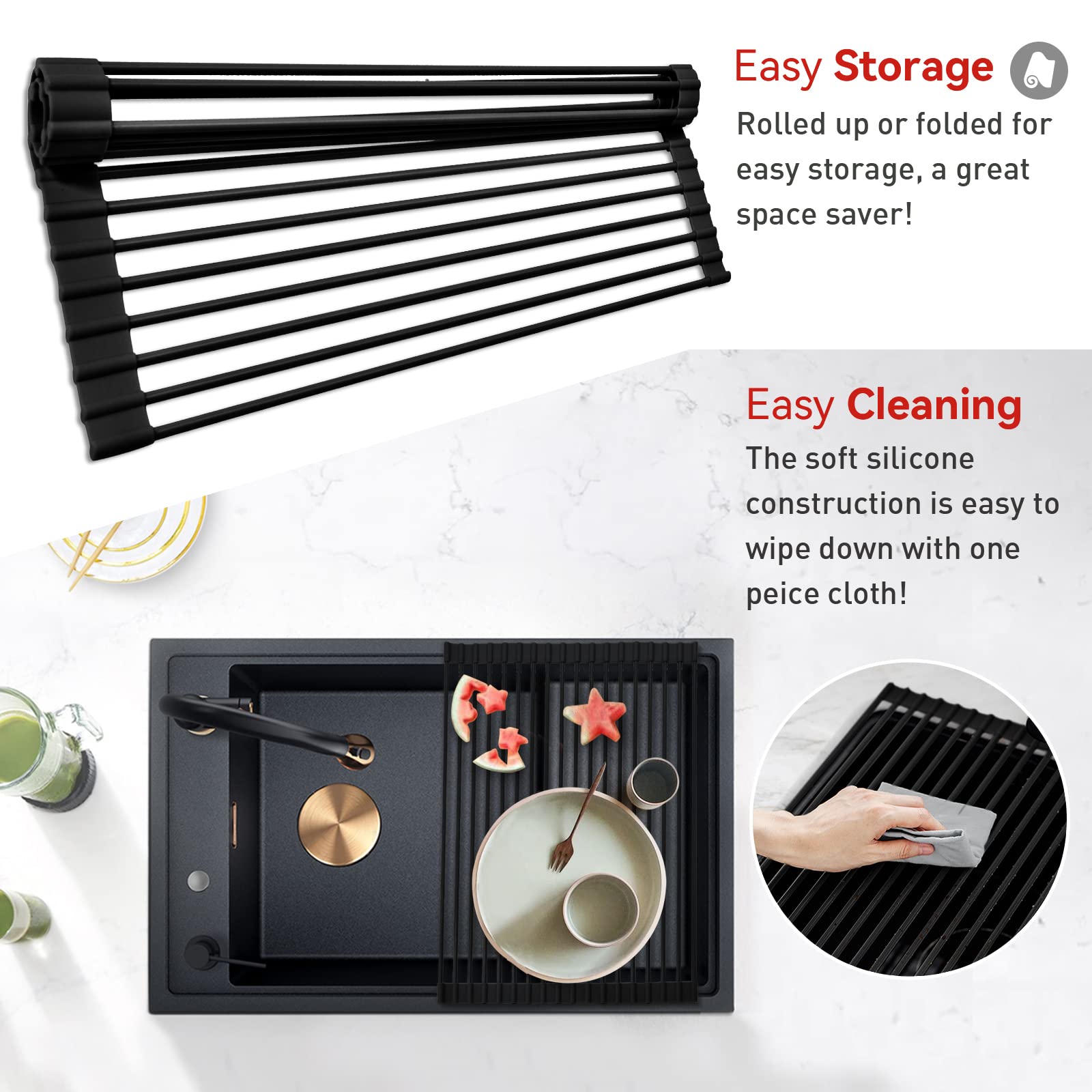 MERRYBOX in use with dishes drying over sink demonstrating fast drainage