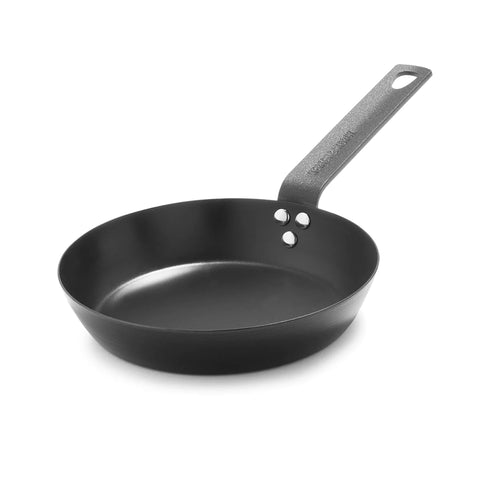 Merten & Storck 8-inch skillet front view showing sleek black carbon steel and ready-to-cook finish
