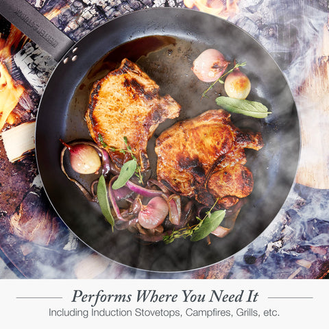 Merten & Storck skillet cooking over campfire to show outdoor compatibility and durability