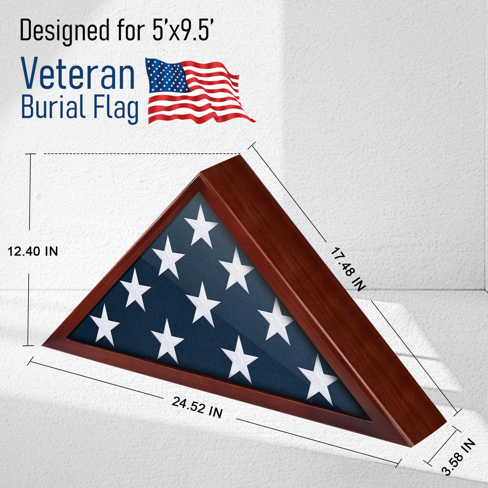 Meryndou glass closeup showing clear front that protects and displays the flag