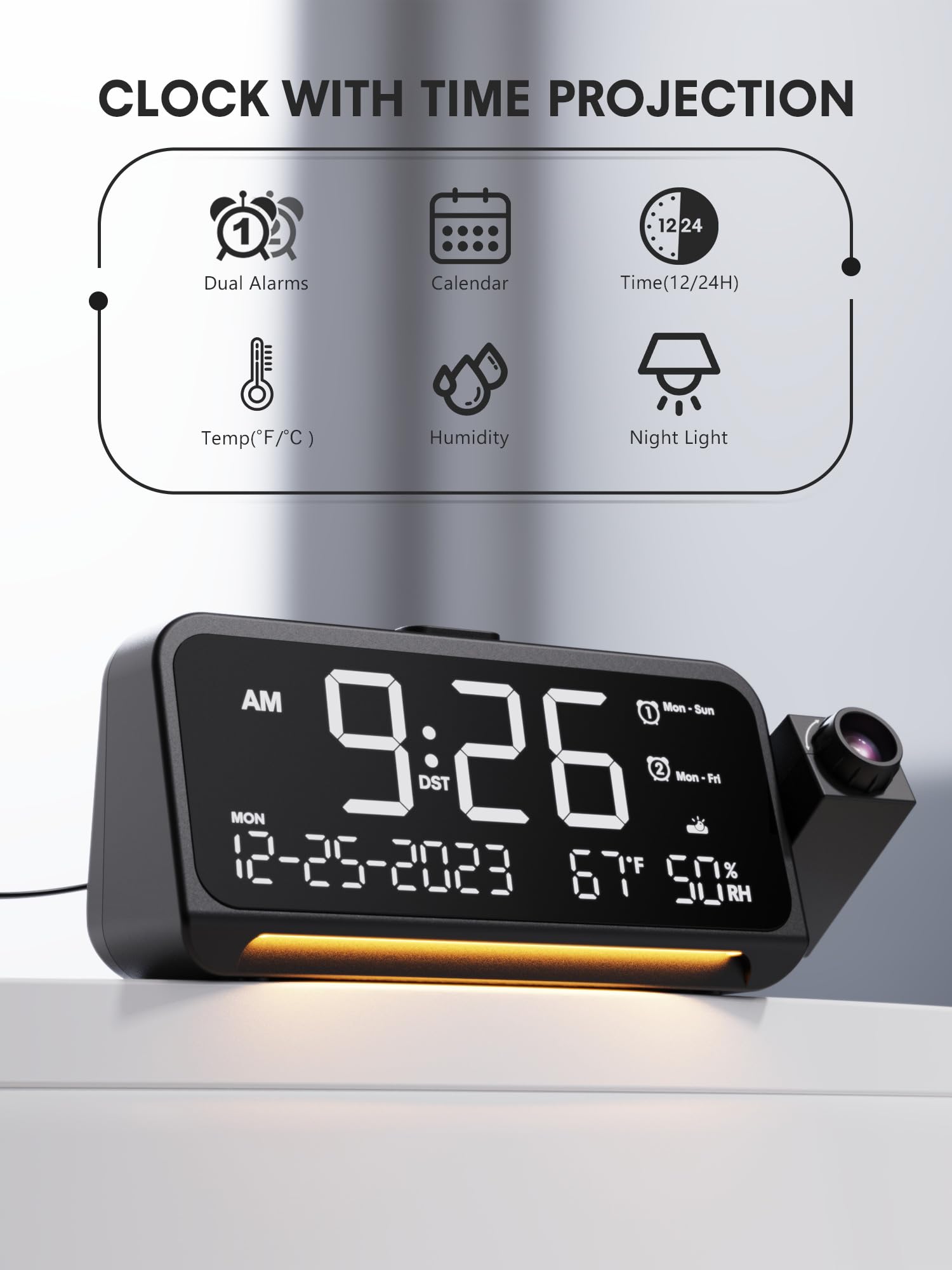 Mesqool projecting bright time onto ceiling for quick nighttime checking