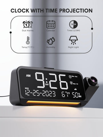 Mesqool projecting bright time onto ceiling for quick nighttime checking