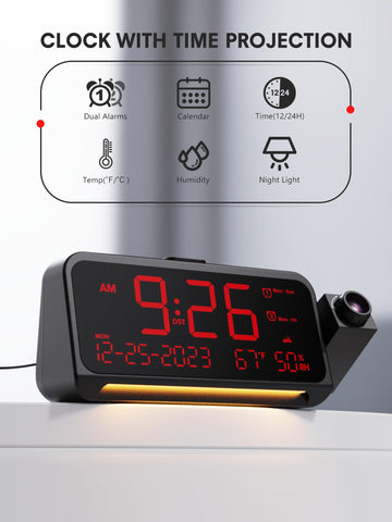 Mesqool projecting sharp time digits onto ceiling for instant glanceability