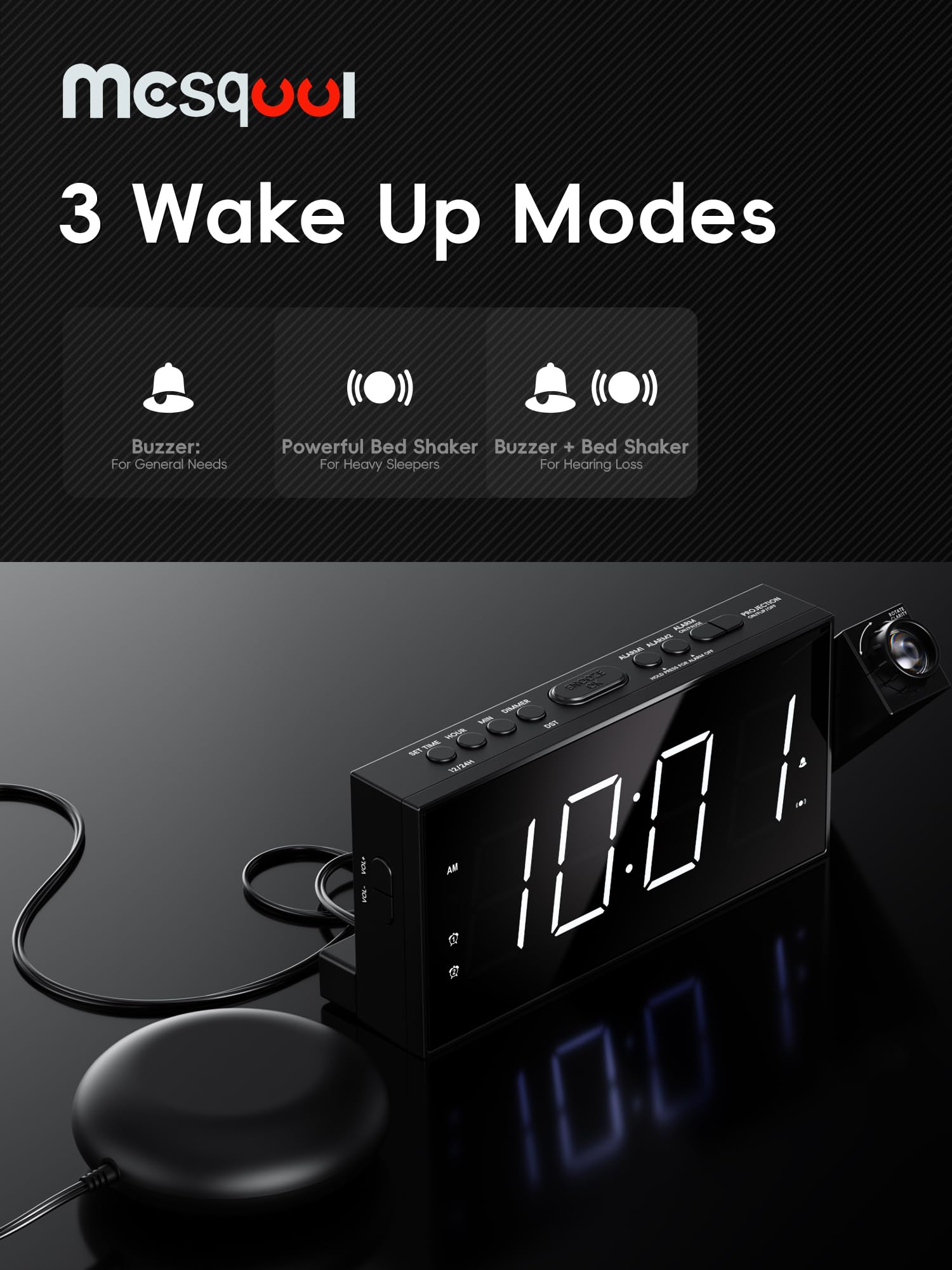 Mesqool USB charging port on clock providing convenient bedside charging