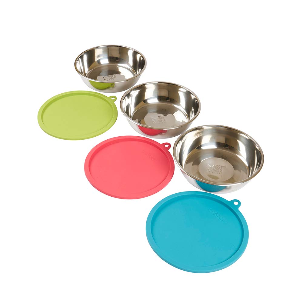 Messy Mutts front view showing three medium bowls and lids, travel-ready benefit
