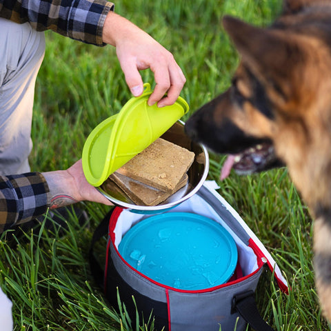 Messy Mutts set in a car cupholder and bag, convenient travel feeding benefit