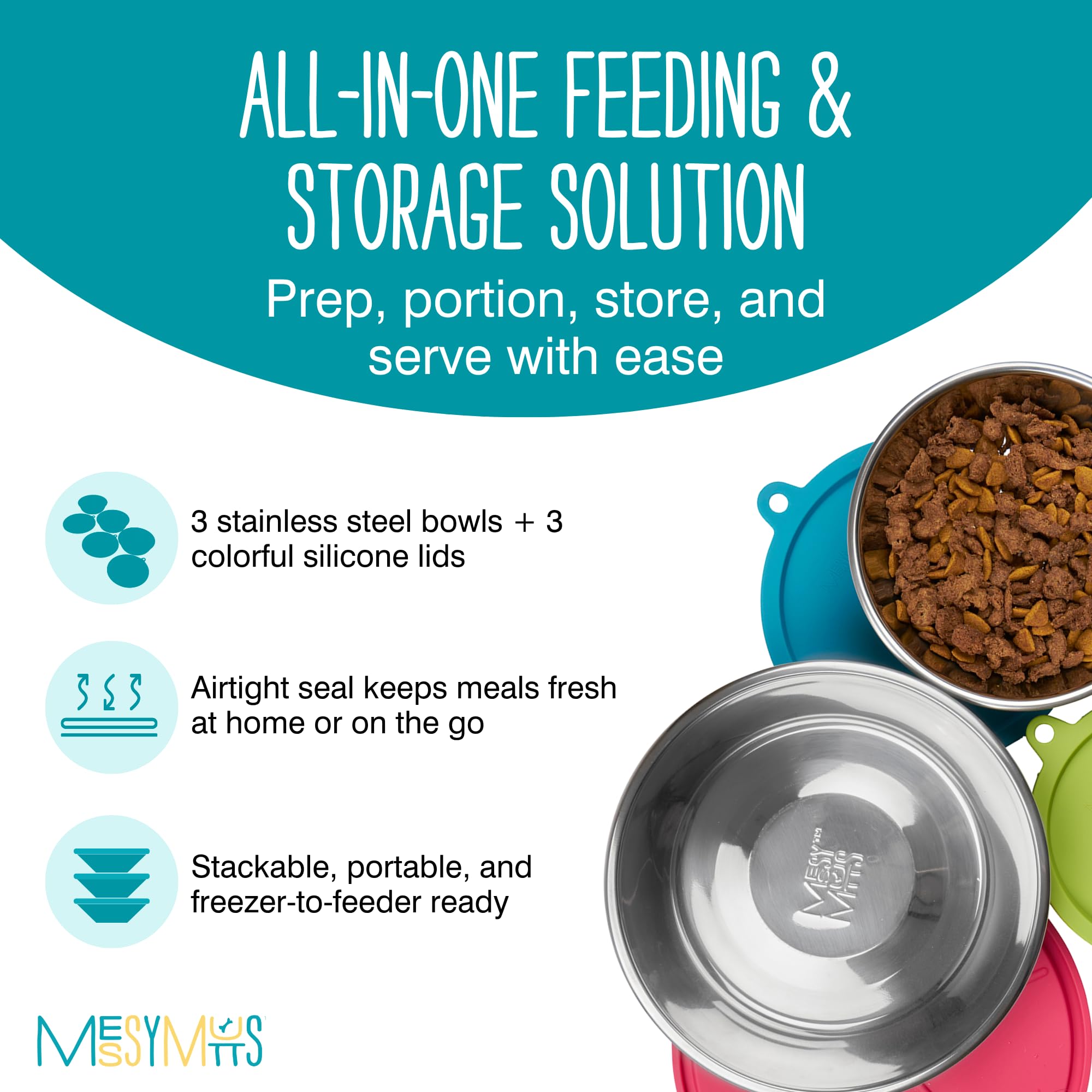 Messy Mutts stacked stainless bowls with lids, space-saving organization benefit