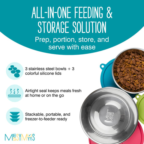 Messy Mutts stacked stainless bowls with lids, space-saving organization benefit
