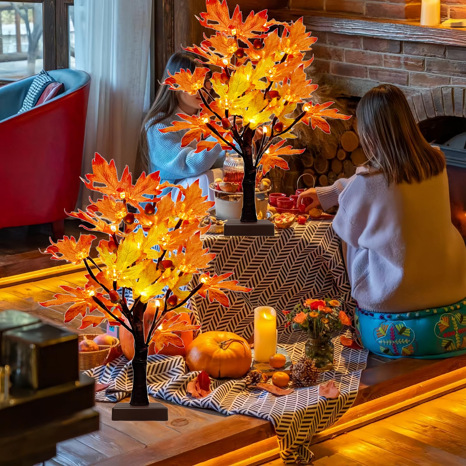 Meteds close-up showing maple leaf and pumpkin lamp for seasonal charm