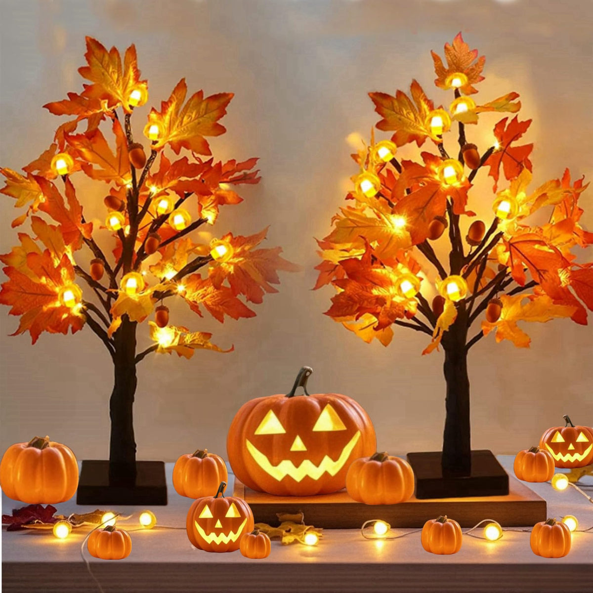 Meteds front view of lighted maple tree adding warm autumn glow