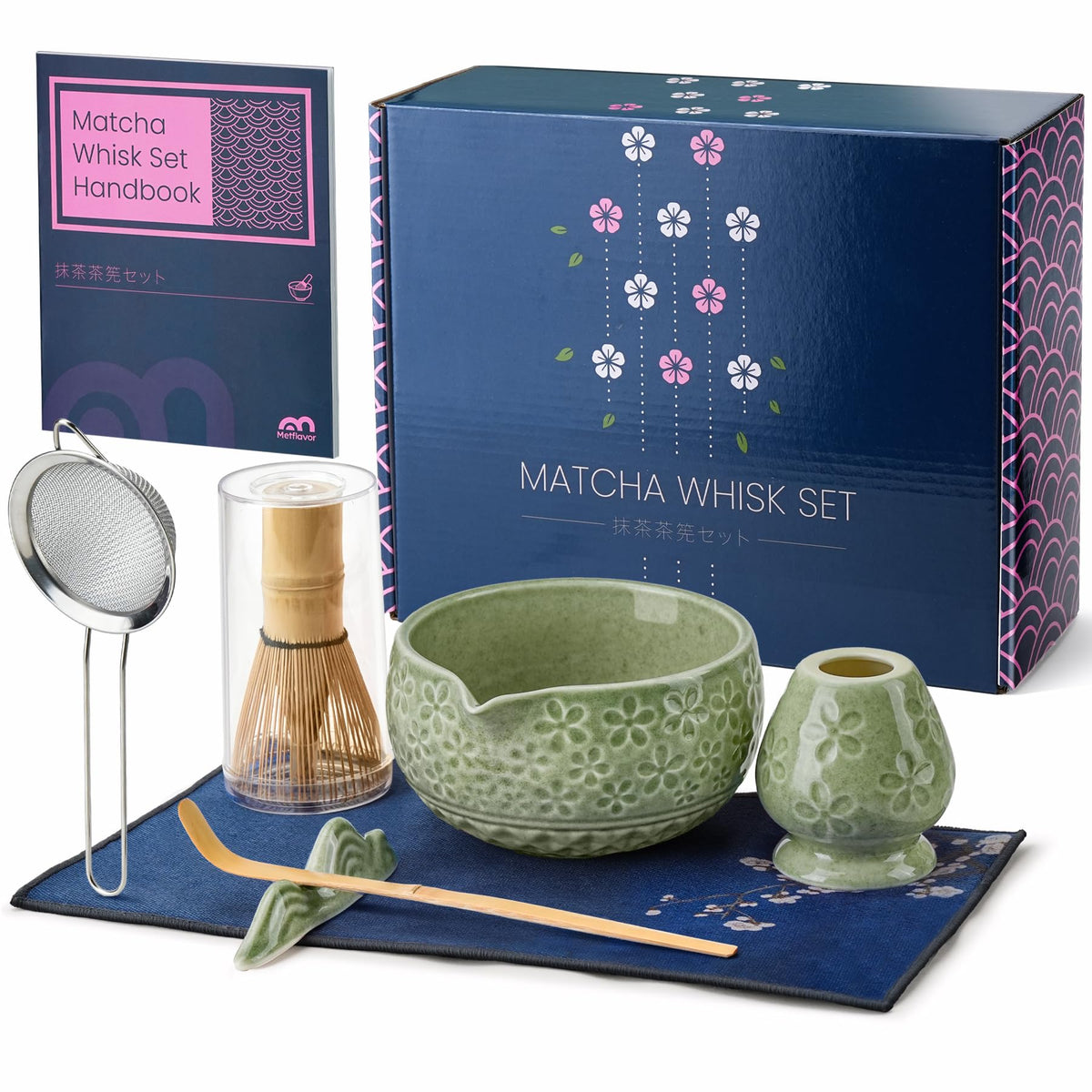 Metflavor boxed matcha set displayed, elegant gift-ready presentation