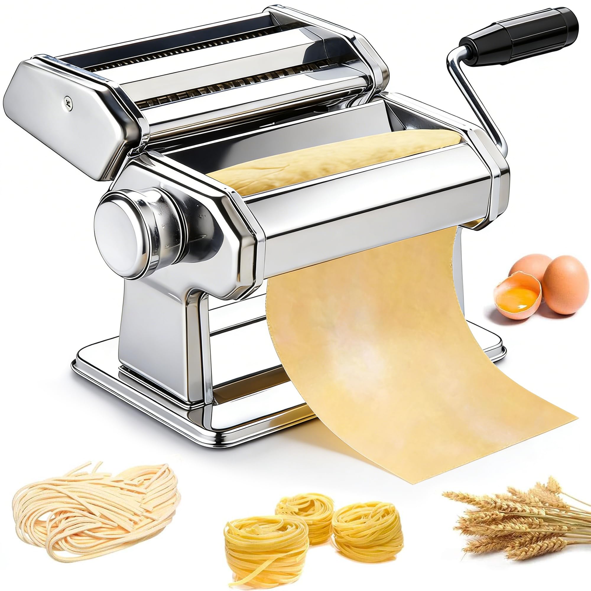 METLUCK front view of stainless steel pasta maker showing sturdy build and control