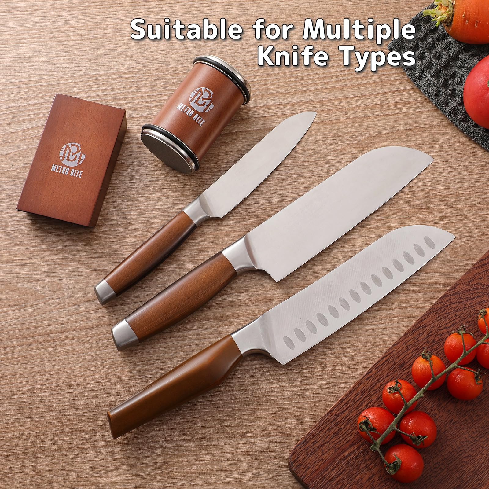 Metro Bite in use sharpening a kitchen knife demonstrating consistent, safe sharpening