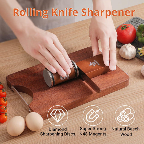 Metro Bite rolling sharpener close-up on beech wood body highlighting stable grip